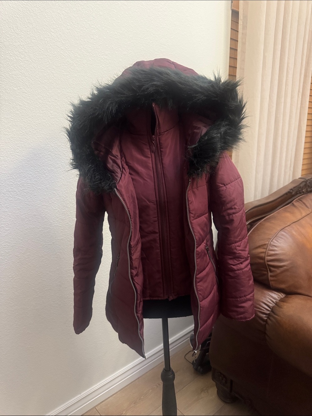 Maralyn & Me Burgundy Hooded Puffer Coat with Black Faux Fur Trim